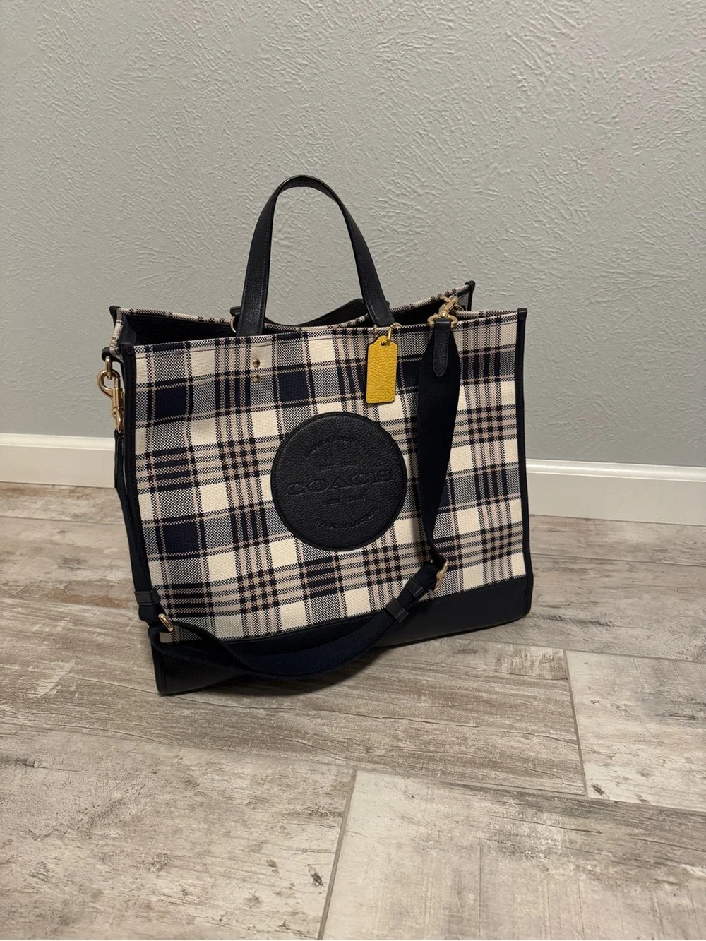 Coach Dempsey Carryall with Garden Plaid Print and Coach Patch